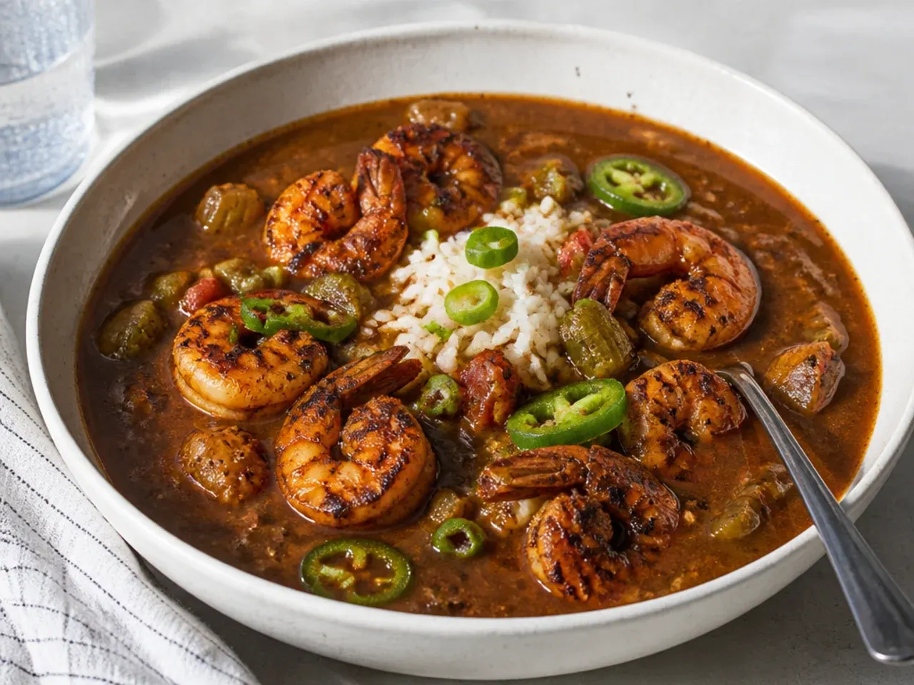 Bold extra-spicy blackened shrimp gumbo recipe with cayenne and jalapeno