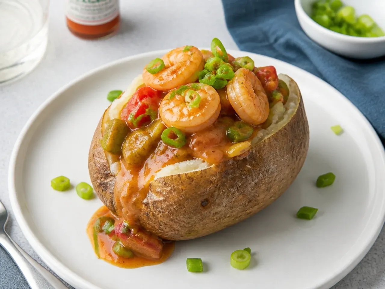 Creative shrimp gumbo recipe served over loaded baked potatoes