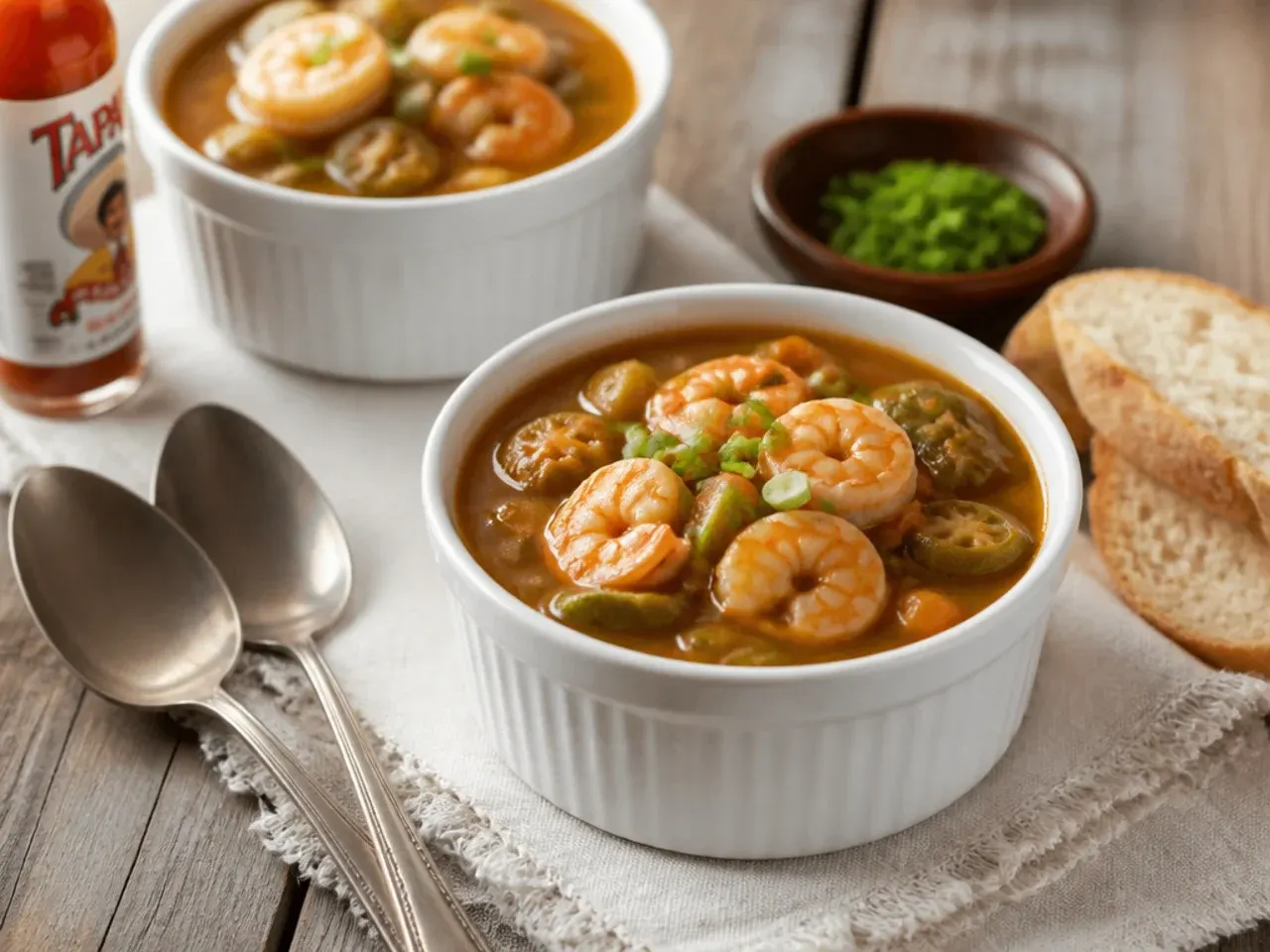 Charming individual shrimp gumbo recipe served in ramekins for two