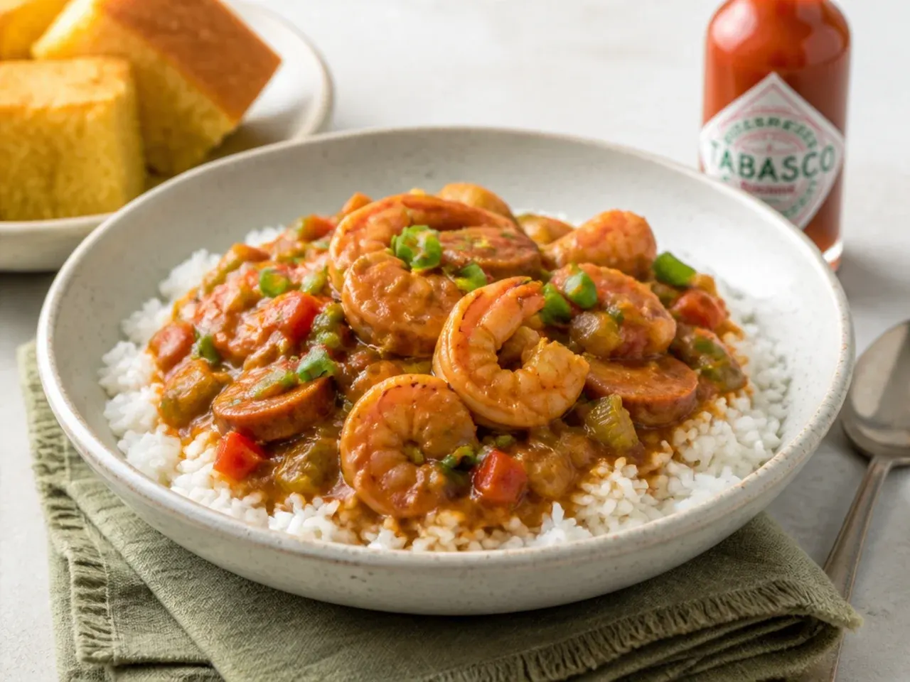 Shrimp gumbo recipe served over rice with cornbread and hot sauce