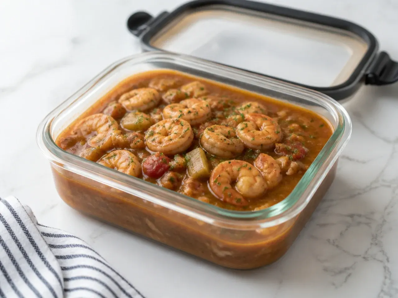 Storing and reheating leftover shrimp gumbo recipe in an airtight container