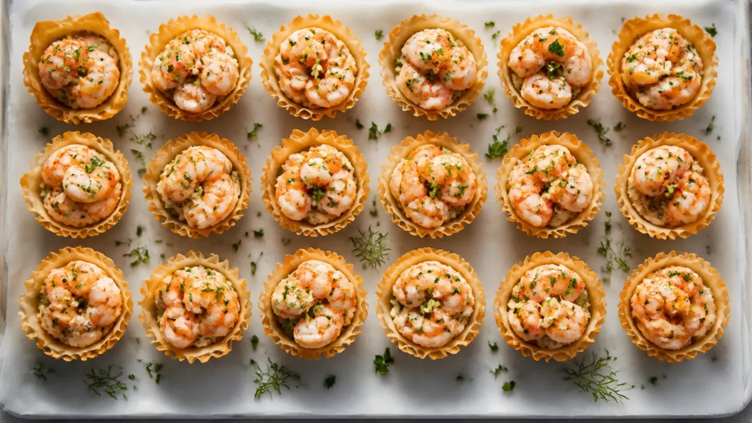 A platter of golden mini phyllo cups filled with creamy shrimp filling and garnished with fresh dill