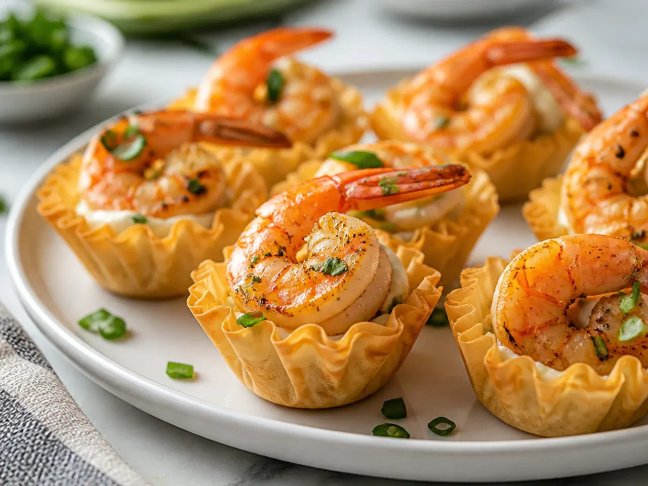Overhead shot of empty crispy mini phyllo shells arranged on a wooden board ready for filling