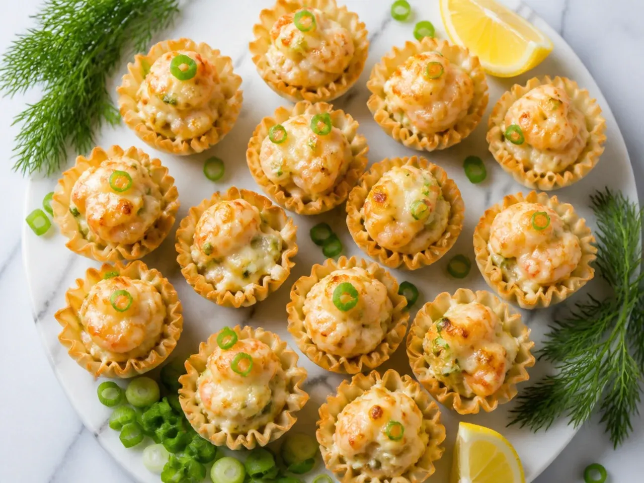 Mini phyllo cups filled with classic creamy shrimp salad and topped with a small shrimp