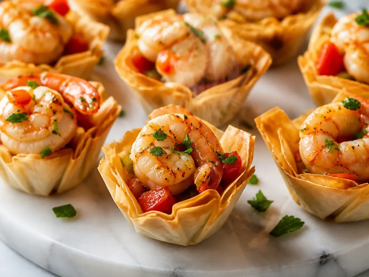 Warm phyllo cups filled with garlic butter shrimp and parsley