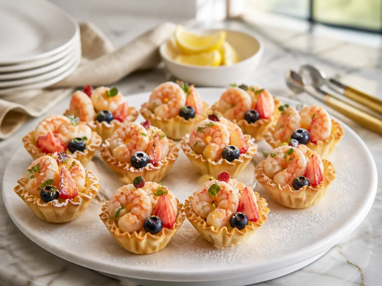 Phyllo cups topped with cocktail sauce and a single pink cooked shrimp