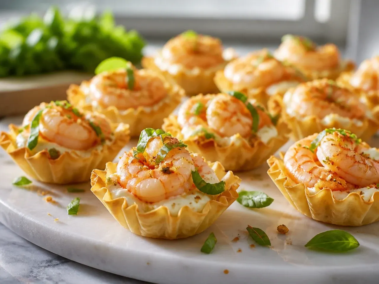Creamy shrimp and cream cheese filling piped into mini phyllo cups