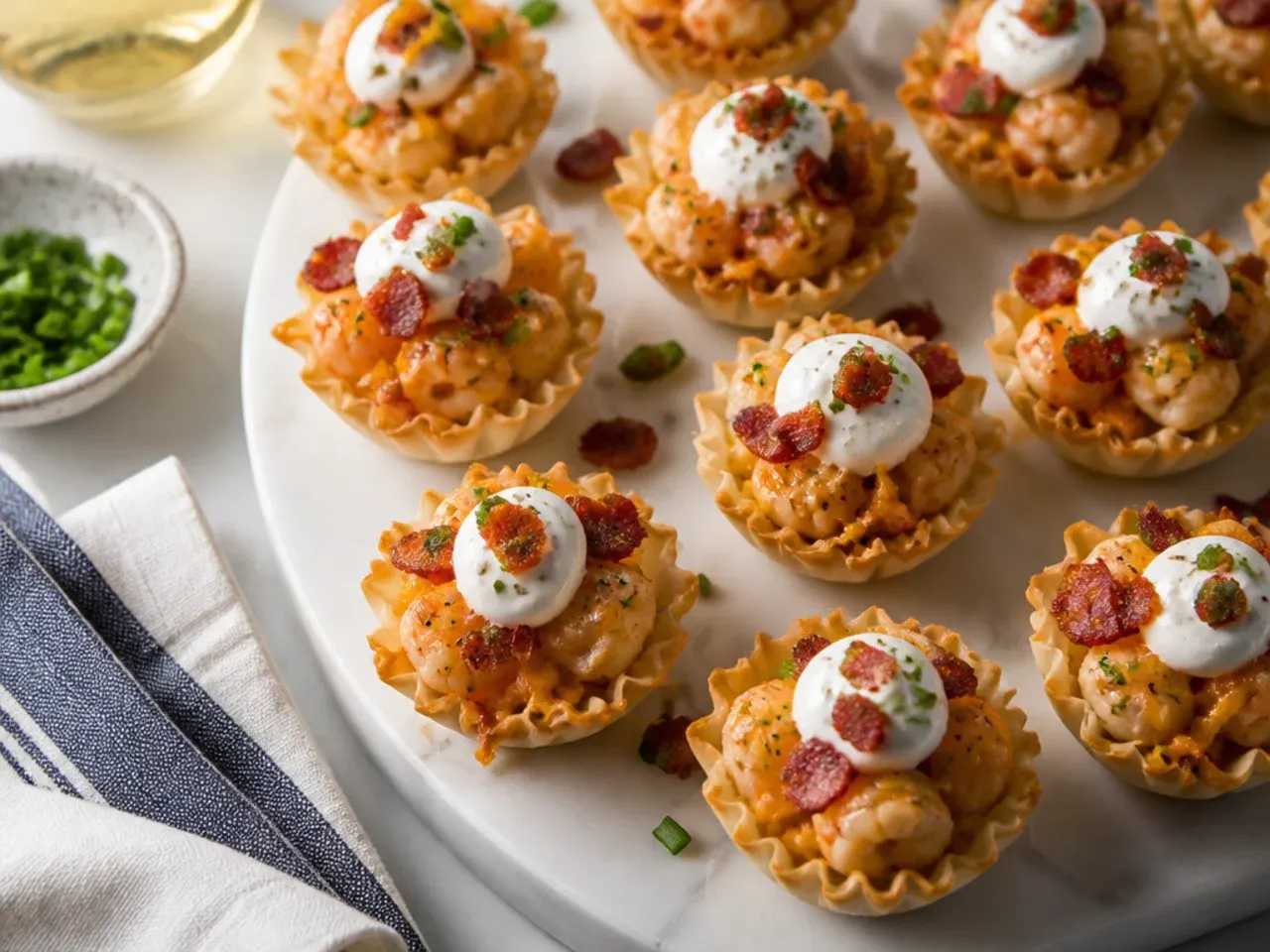 Phyllo cups loaded with shrimp, melted cheddar and crispy bacon bits