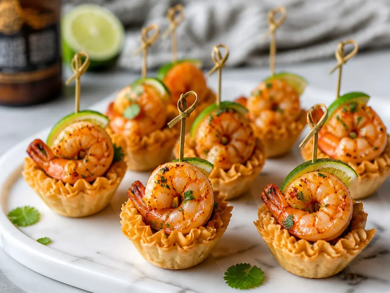 Phyllo cups filled with sour cream and warm tequila lime shrimp topped with coriander
