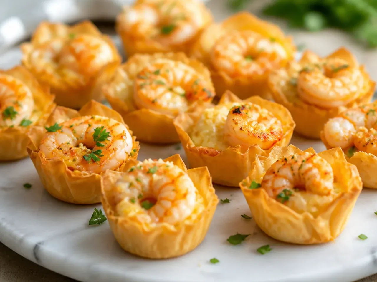 Cheesy baked shrimp phyllo cups golden and bubbling straight from the oven