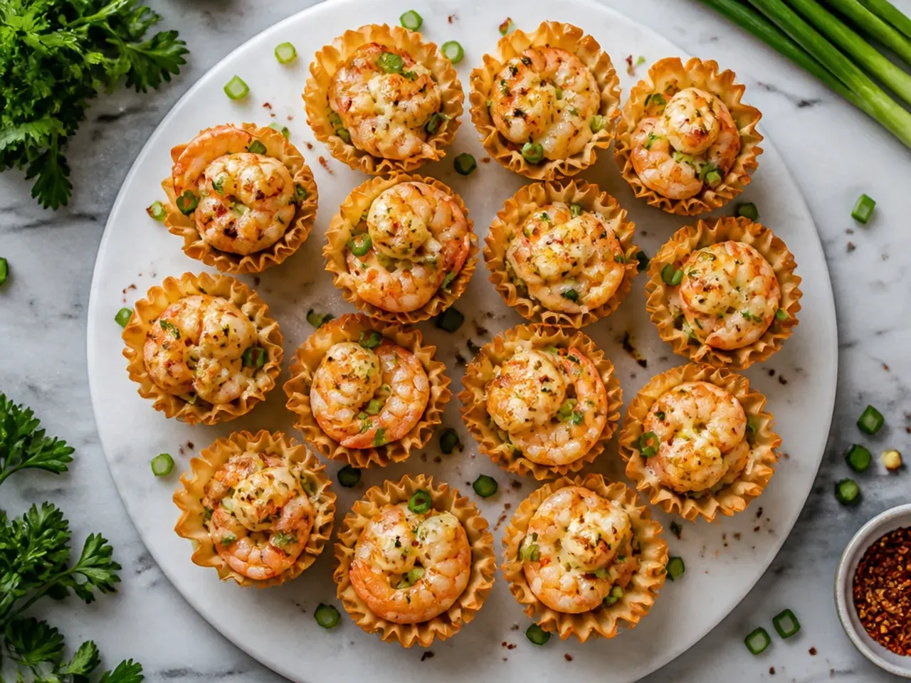 Phyllo cups filled with budget-friendly salad shrimp and celery mixture