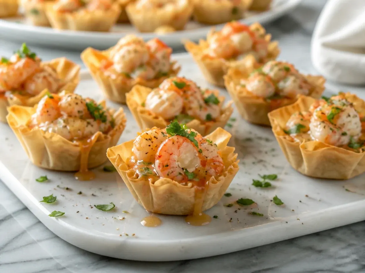 Phyllo cups filled with a warm shrimp and crab mixture garnished with chives
