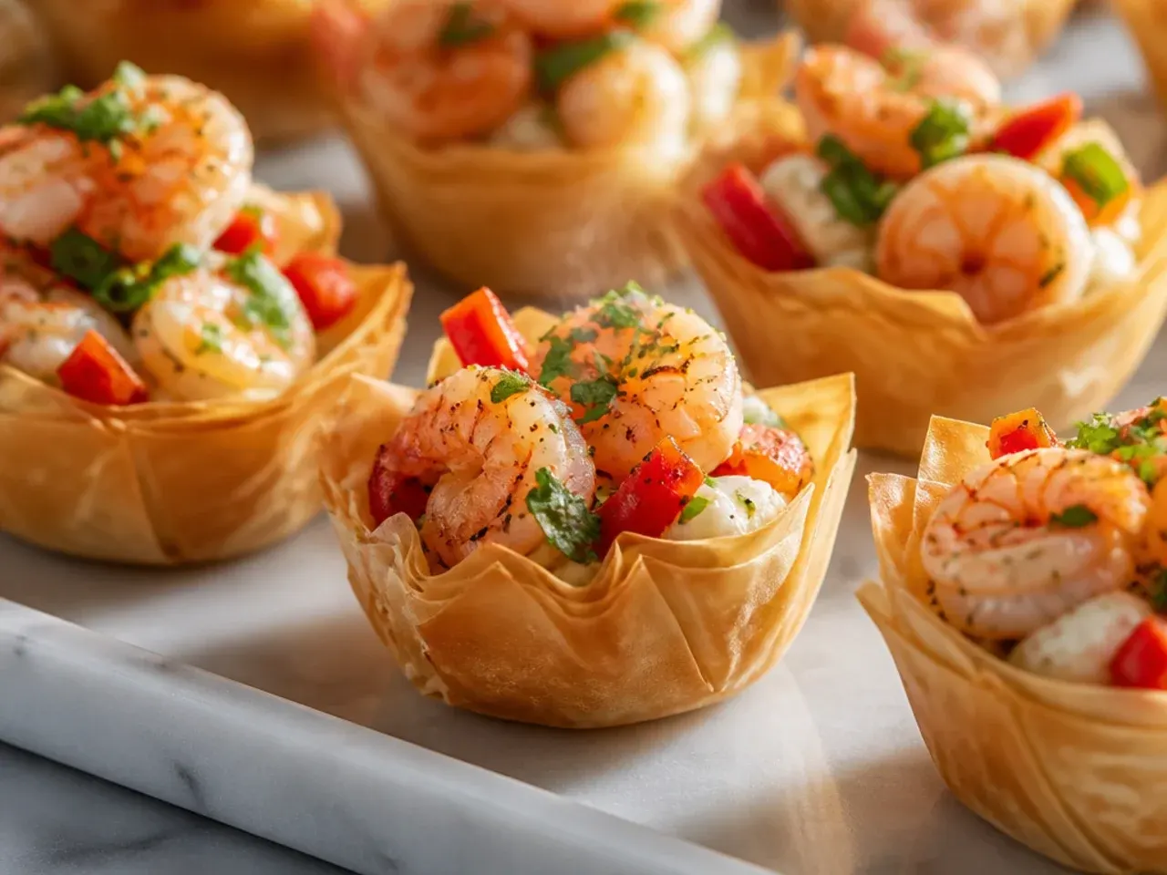 A bowl of make-ahead shrimp salad filling next to a tray of empty phyllo shells