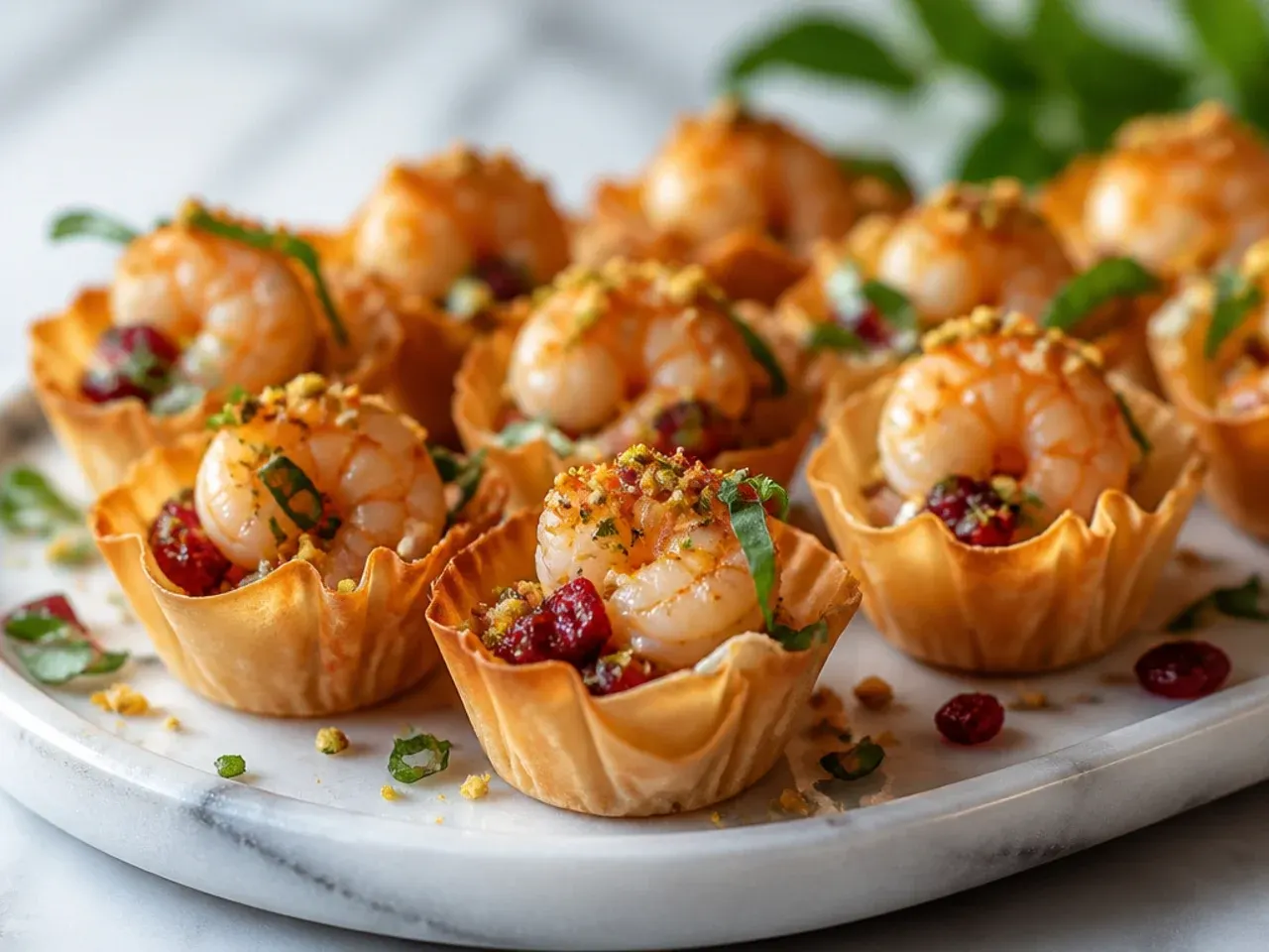 Festive phyllo cups topped with creamy shrimp filling and a dab of cranberry sauce
