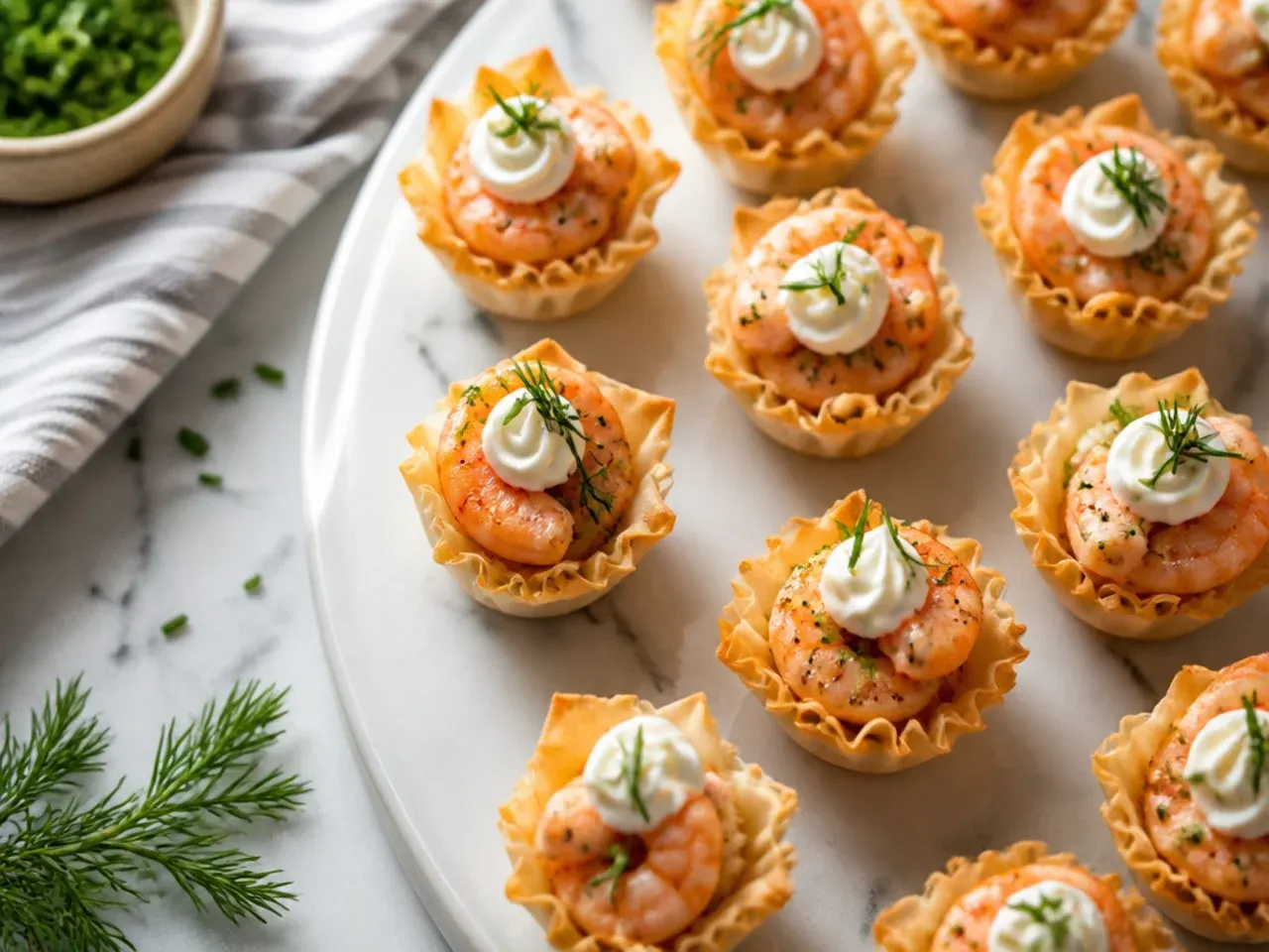 A quick tray of shrimp phyllo cups ready in fifteen minutes