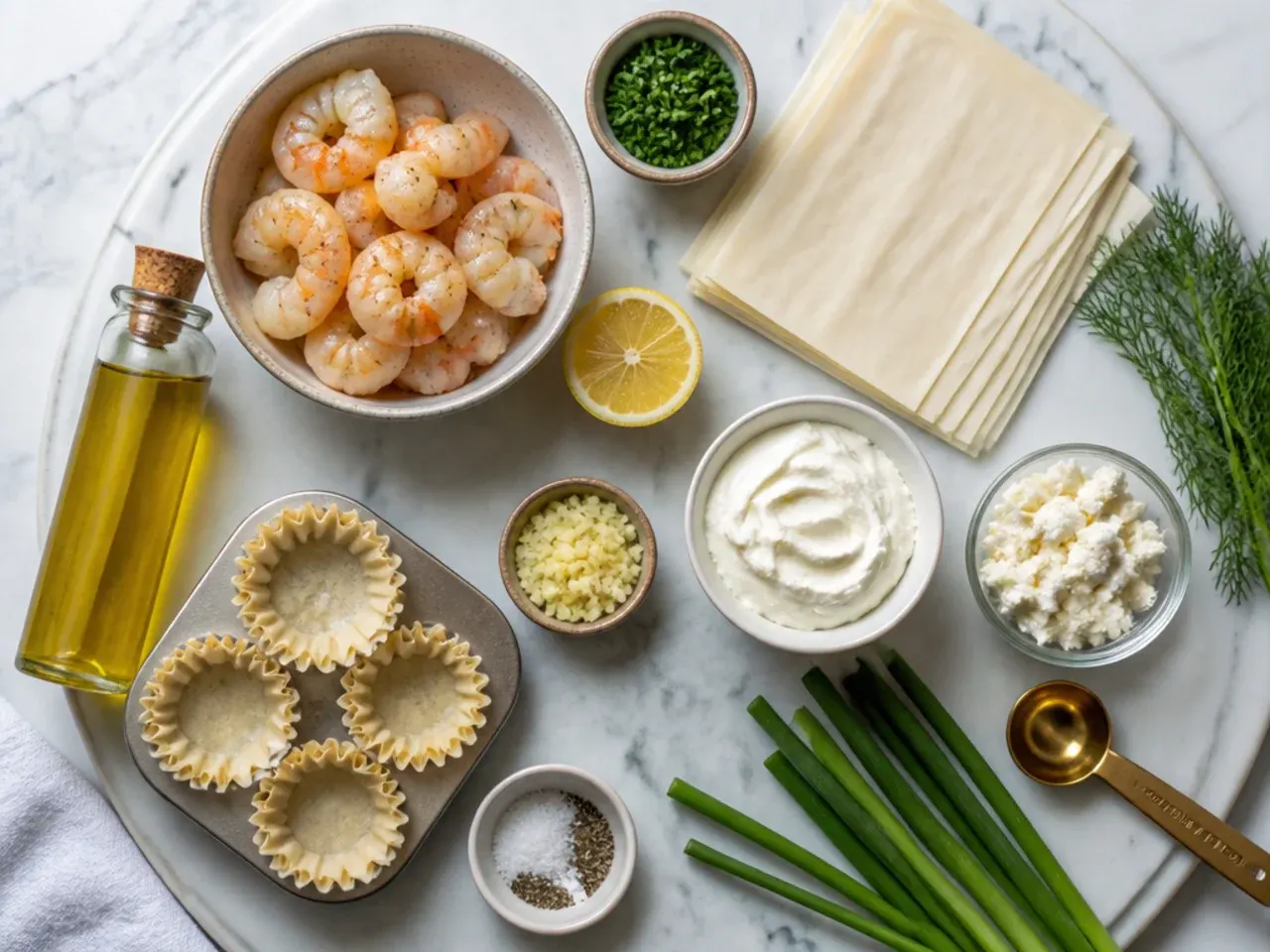 Hands carefully filling a tray of mini phyllo cups with shrimp filling