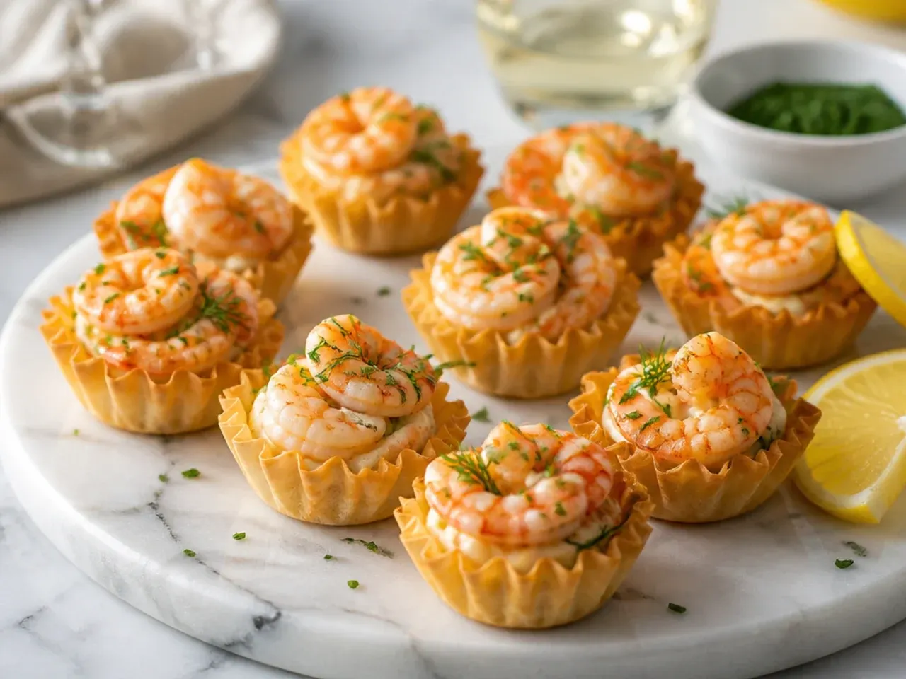 A platter of assorted shrimp phyllo cup appetizers arranged for a party