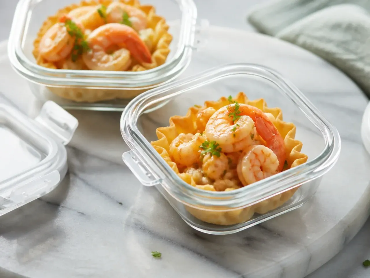 Filled shrimp phyllo cups stored in an airtight container in the fridge