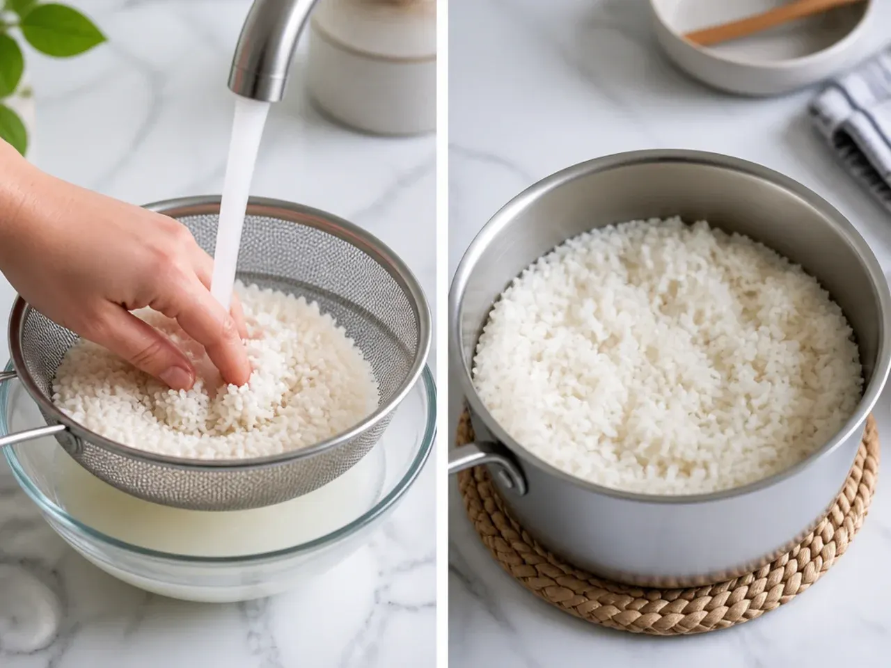 shrimp sushi bowl — step 1: rinse and cook the rice