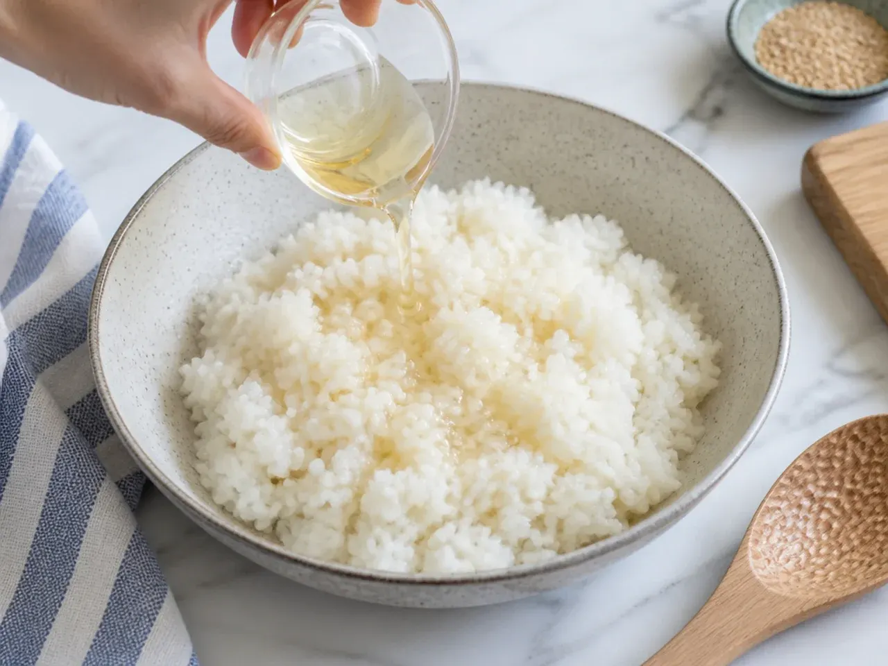 shrimp sushi bowl — step 2: season the rice