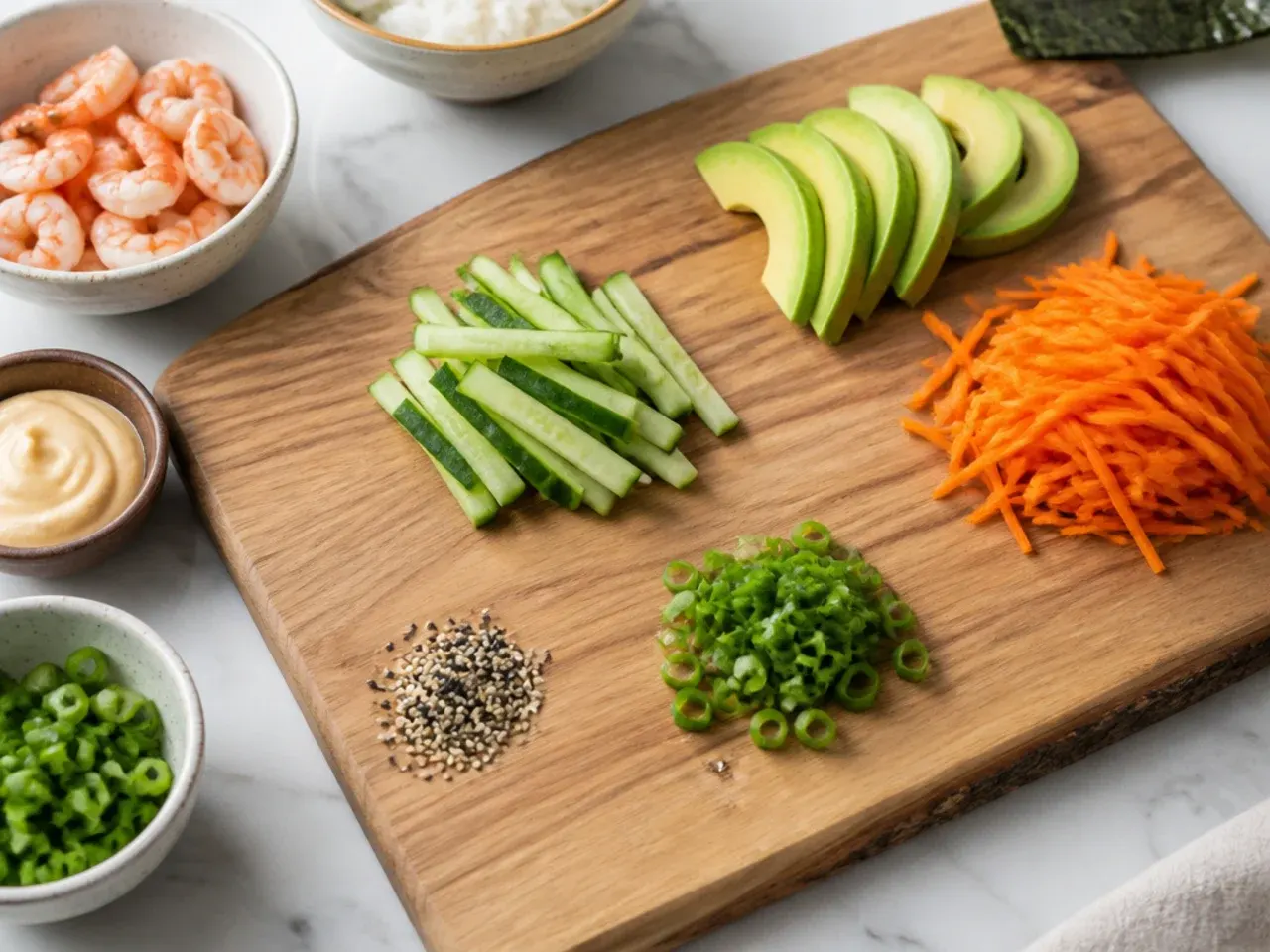 shrimp sushi bowl — step 4: prep the toppings