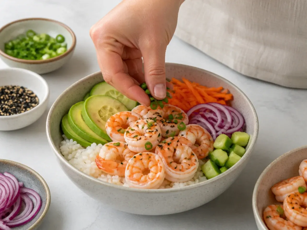 shrimp sushi bowl — step 7: assemble the bowls