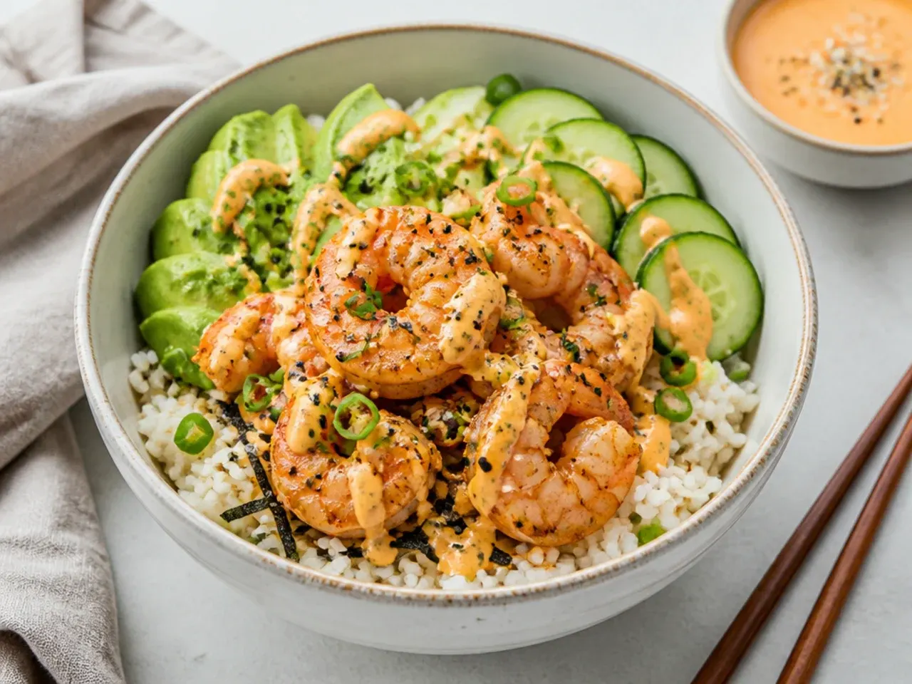 Homemade shrimp sushi bowl with seasoned rice, avocado, cucumber and spicy mayo drizzle