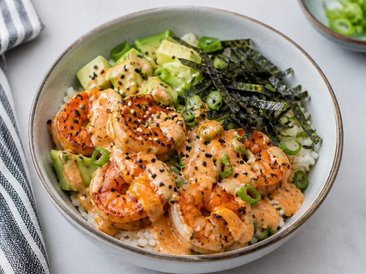 Classic spicy mayo shrimp sushi bowl with seared shrimp, avocado and nori strips