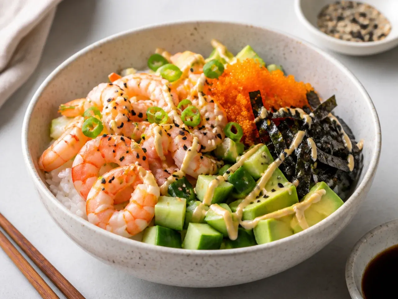 Quick 10-minute shrimp sushi bowl made with precooked shrimp and microwave rice