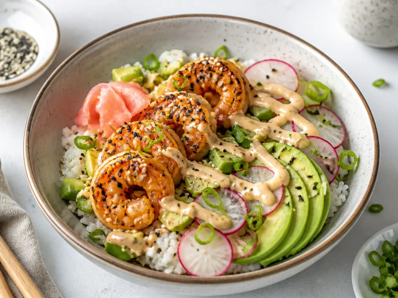 Elegant sesame-crusted shrimp sushi bowl with yuzu mayo and radish slices