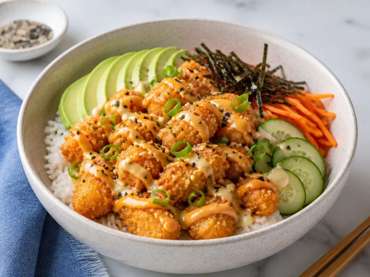 Crunchy popcorn shrimp sushi bowl with crispy panko shrimp over sushi rice