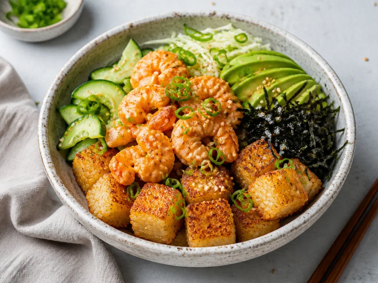 Crispy rice shrimp sushi bowl with golden fried sushi rice cubes and spicy shrimp