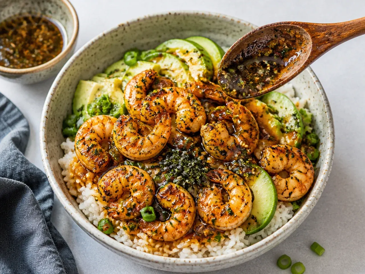 Rustic garlic butter shrimp sushi bowl with pan glaze spooned over rice