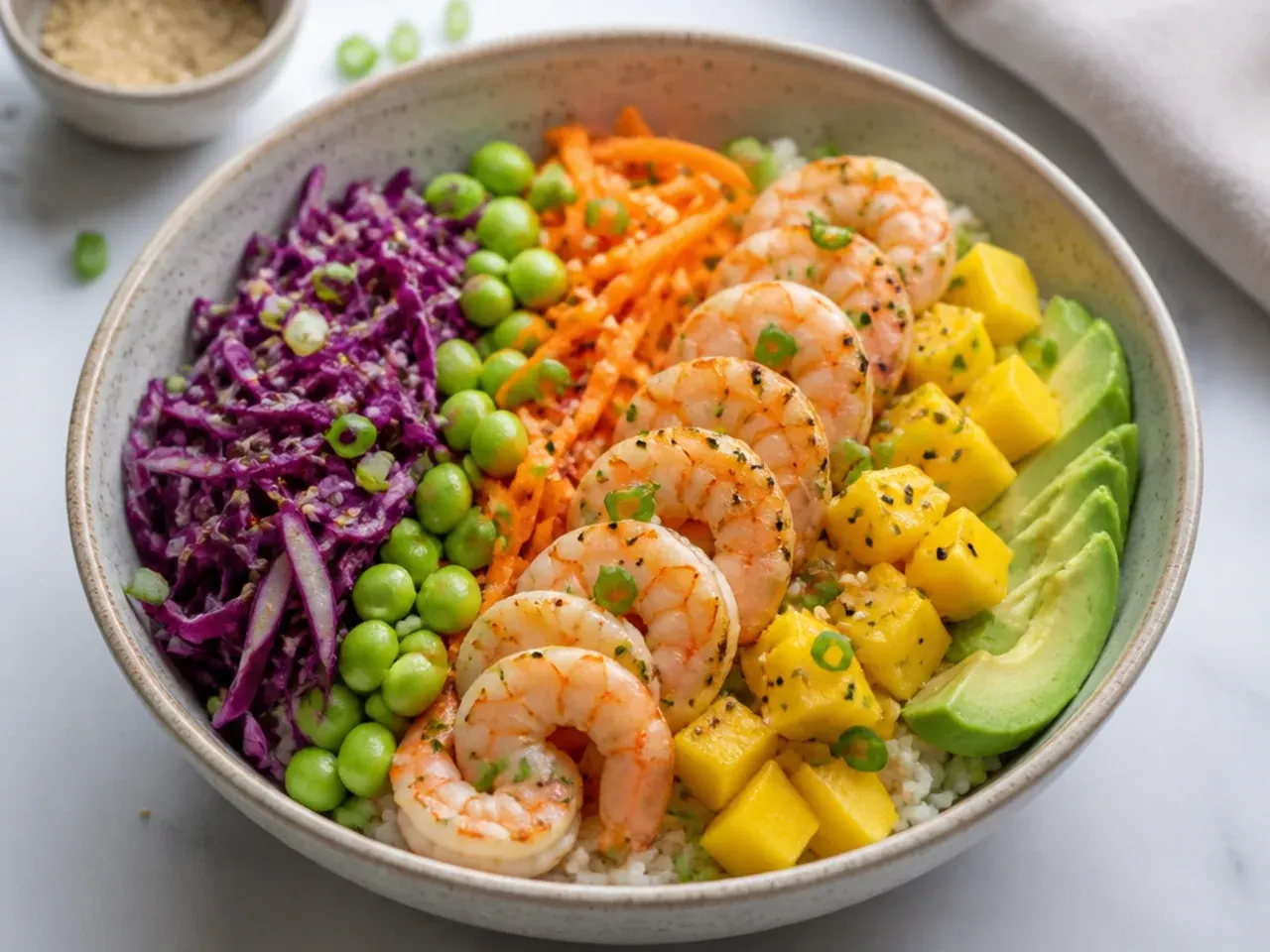 Colorful rainbow shrimp sushi bowl with purple cabbage, edamame, carrot and mango stripes