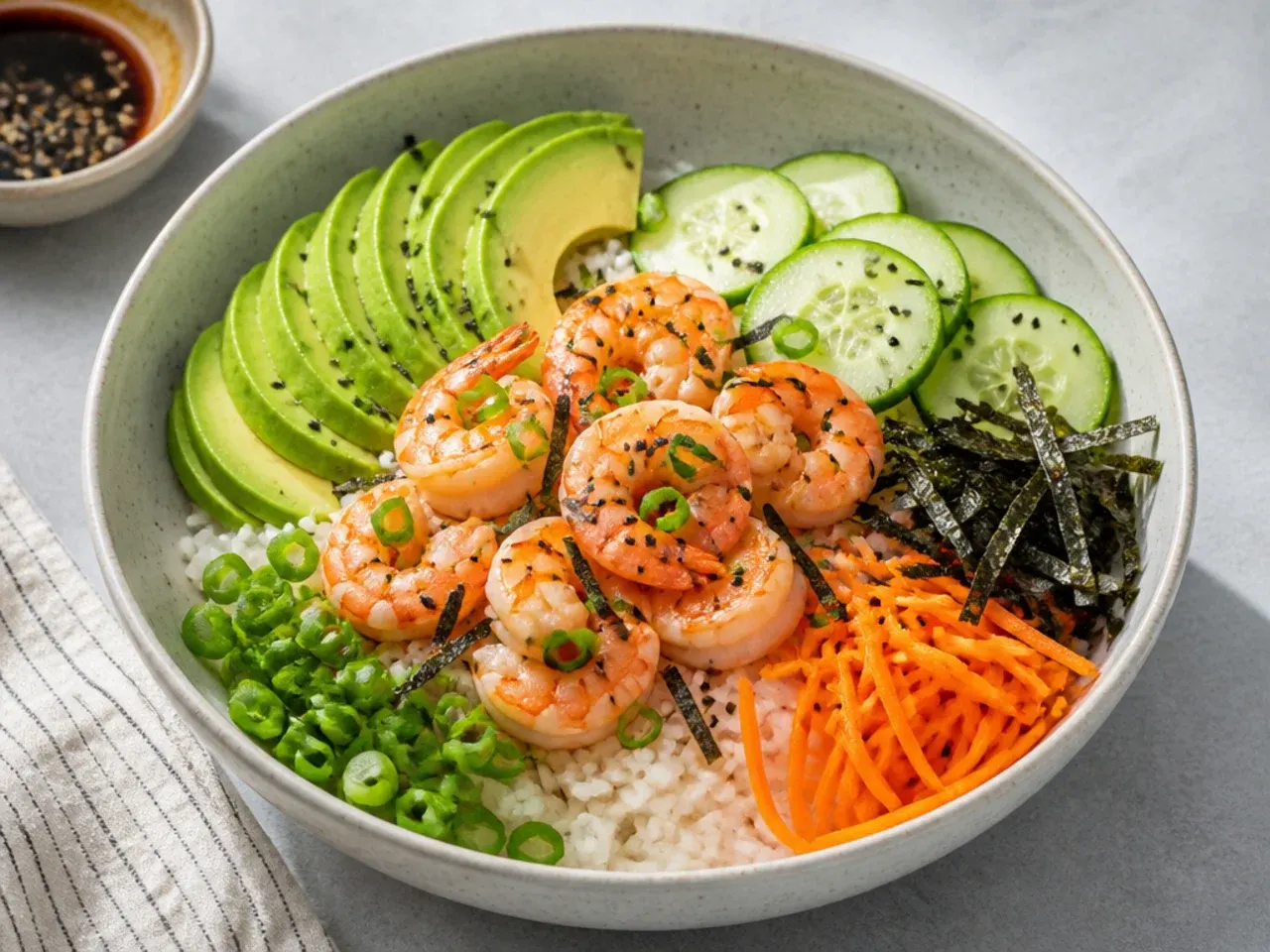 Minimalist shrimp sushi bowl with six simple ingredients and fanned avocado