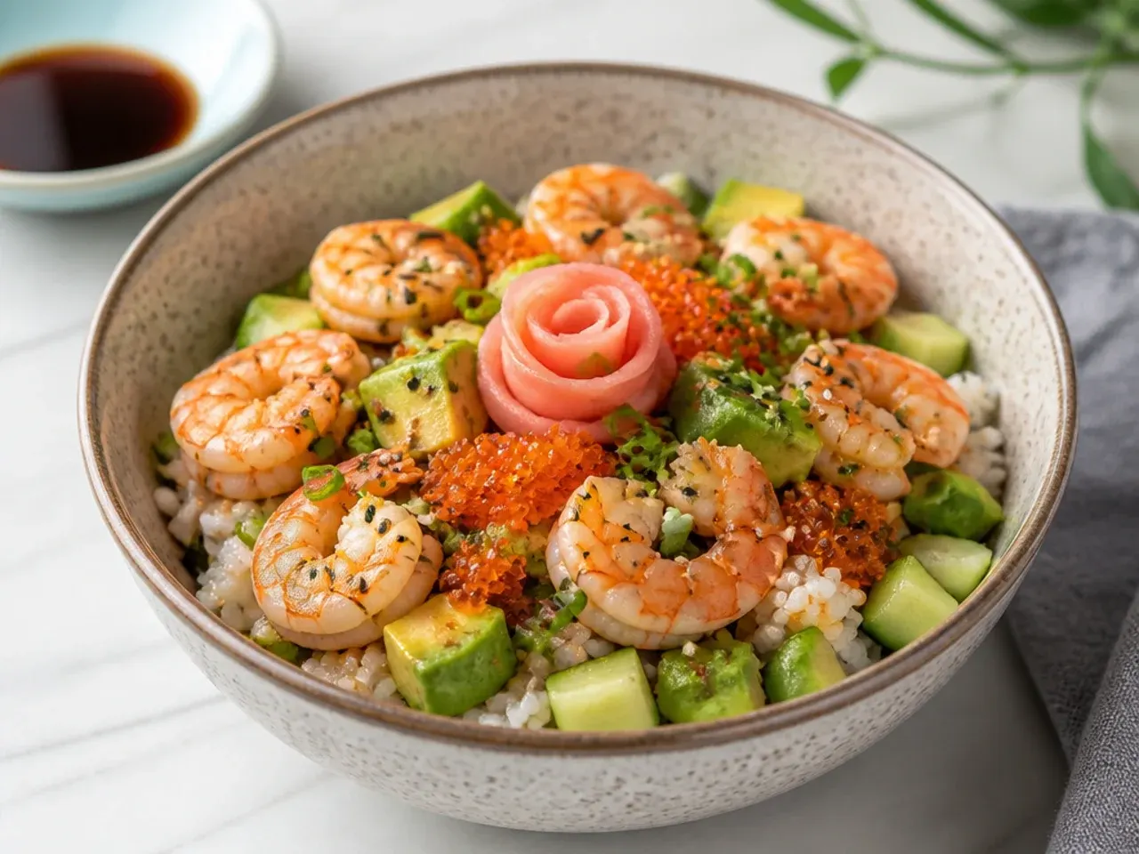 Festive shrimp sushi bowl topped with orange tobiko and a pickled ginger rose