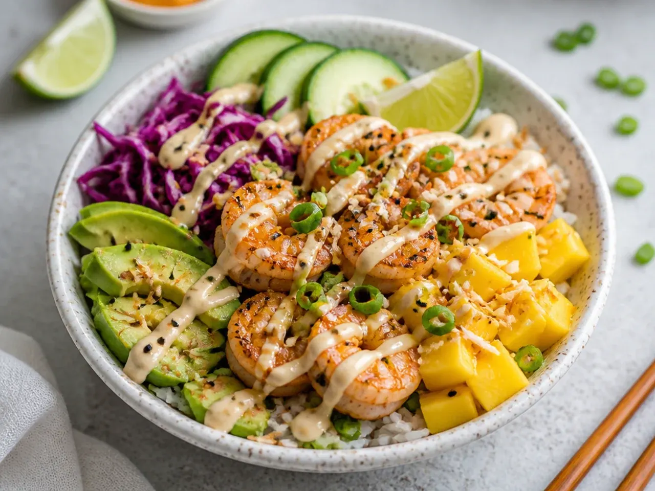 Tropical shrimp sushi bowl with mango cubes, toasted coconut and lime spicy mayo