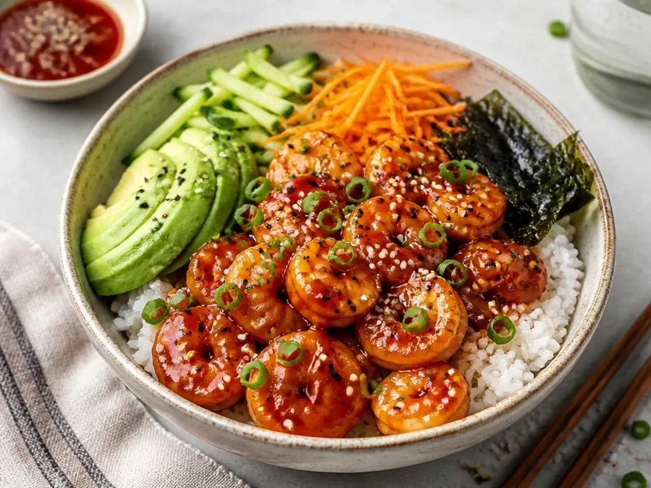 Bold gochujang dynamite shrimp sushi bowl with glossy Korean chili sauce