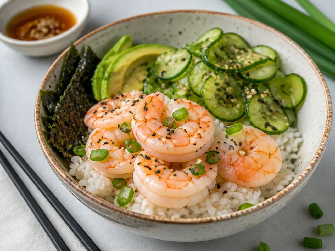 Light poached shrimp sushi bowl with sunomono cucumber salad and sesame seeds