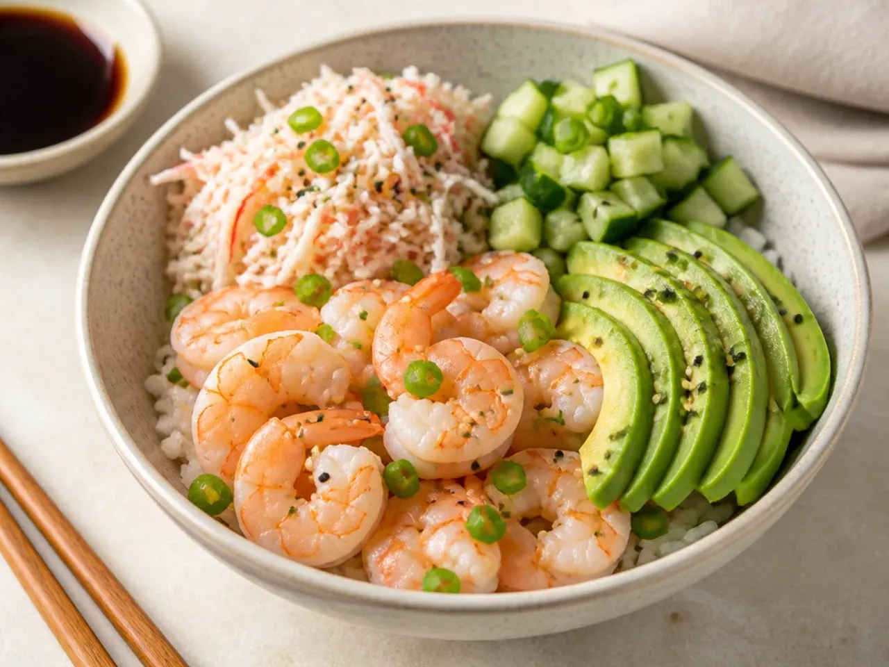 California roll inspired shrimp sushi bowl with crab salad, cucumber and avocado