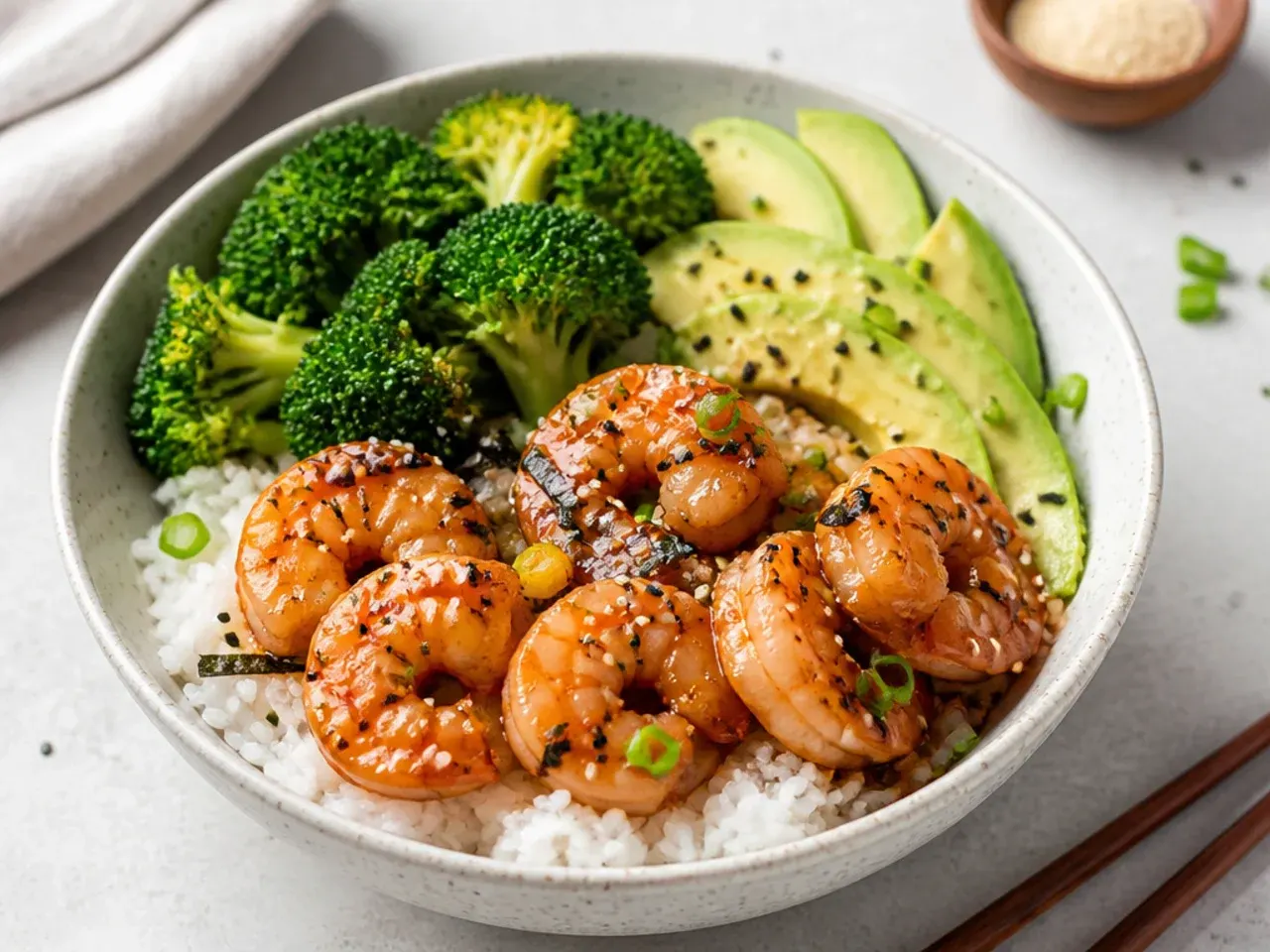 Teriyaki glazed shrimp sushi bowl with sticky sweet sauce and steamed broccoli