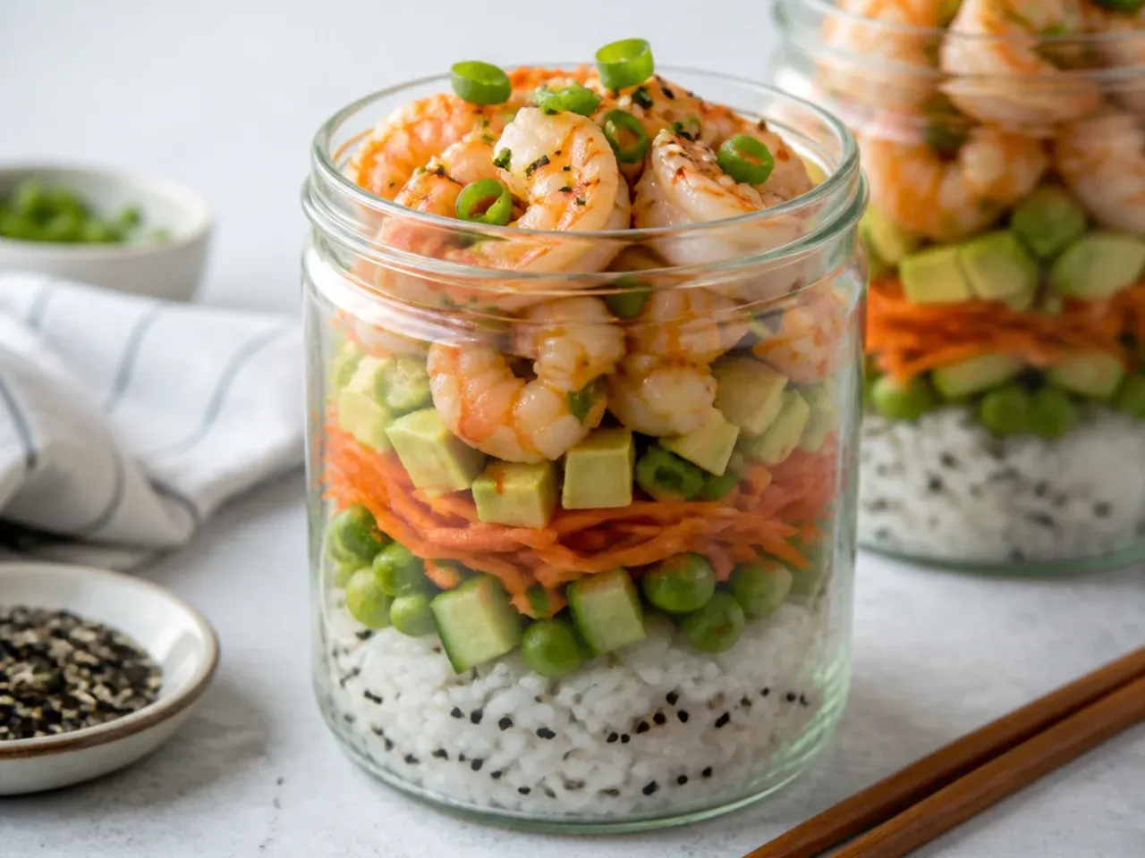 Shrimp sushi bowl meal prep jars layered with rice, vegetables and cooked shrimp