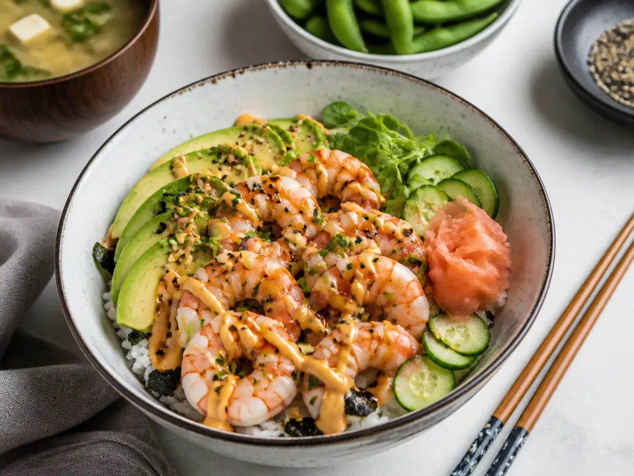 Shrimp sushi bowl dinner spread with miso soup, edamame and pickled ginger