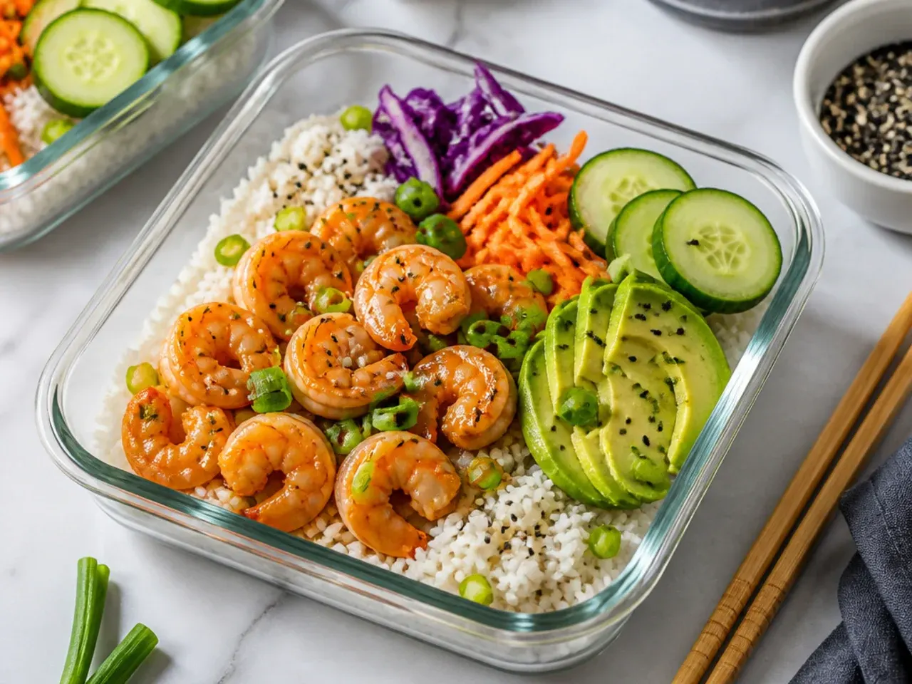 Shrimp sushi bowl meal prep containers showing storage of rice, shrimp and toppings
