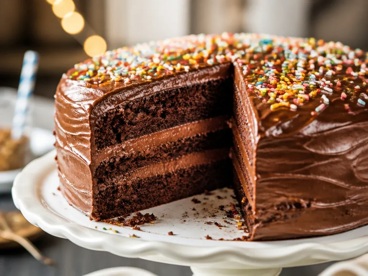 Serrated knife leveling the top of a chocolate cake layer