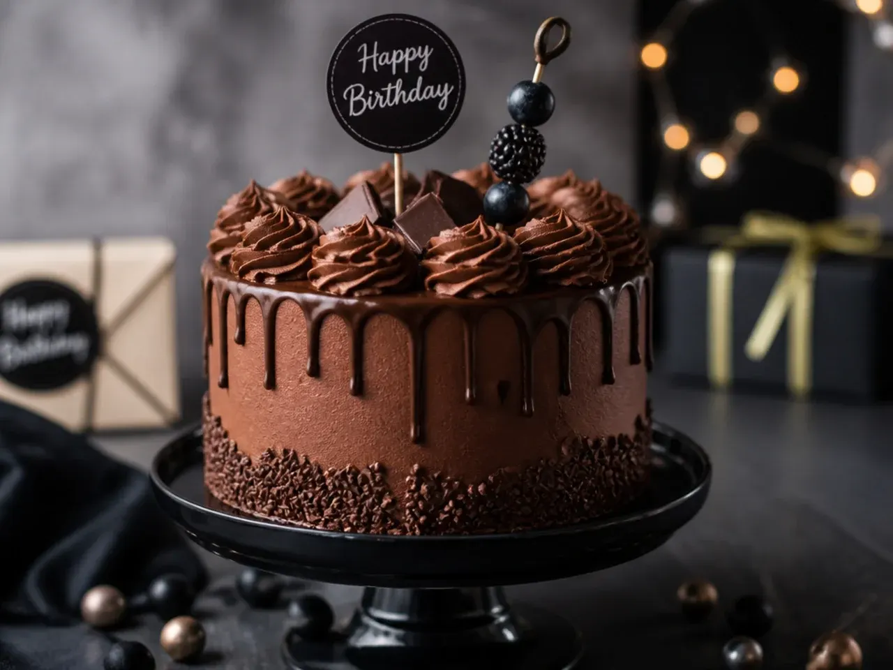 Deep brown chocolate ganache being poured over a layered cake