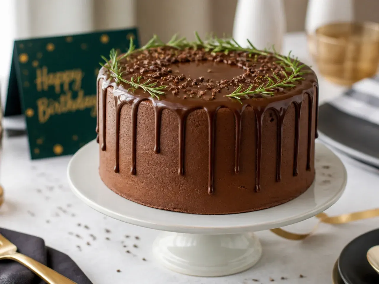 Salted caramel drip running down the side of a chocolate cake