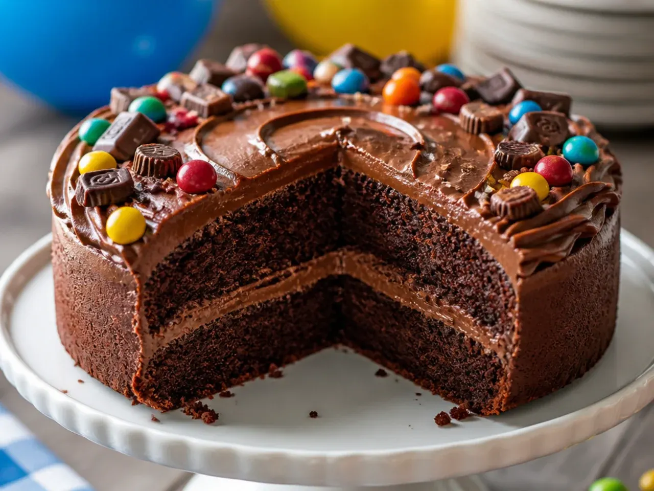 Frosted chocolate cake covered with a glass dome cake stand