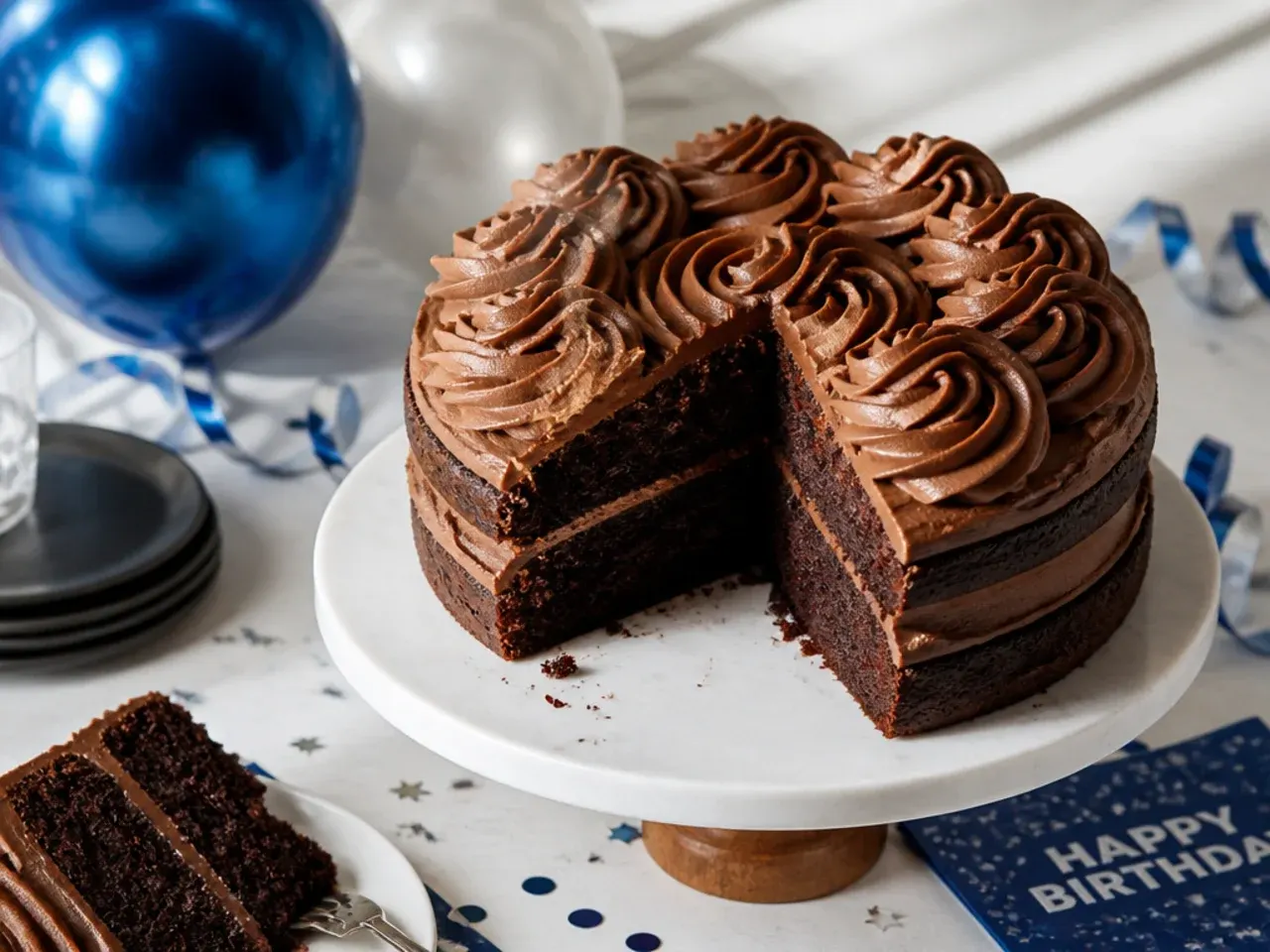 Wrapped chocolate cake layers stacked in a freezer
