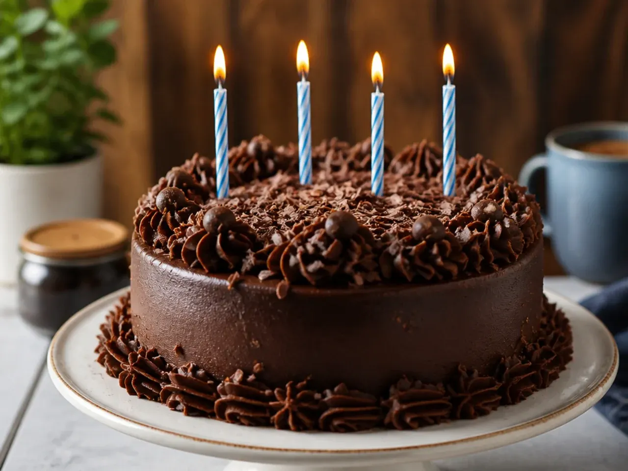 Finished rustic chocolate birthday cake with candles ready to serve